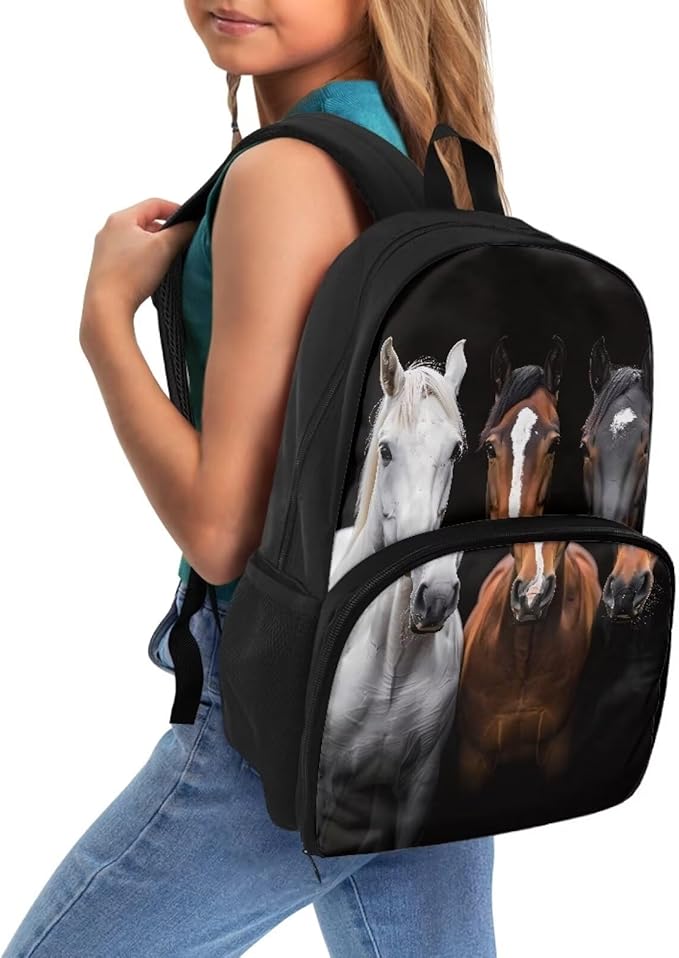 All In One Backpack Meal Bag for Men Women Kids, Hiking Picnic Travel School Cooler Backpack with Multi Pockets, School Bags Laptop Backpack for Boys, Horses Print