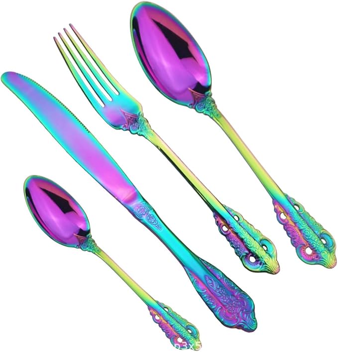 Silverware Flatware Cutlery Set， 4/16/24/32/40/48-piece Palace Tableware Set Retro Embossed Tableware Creative Golden Tableware Knife， Fork and Spoon Set，Rainbow-12Set-48Pcs