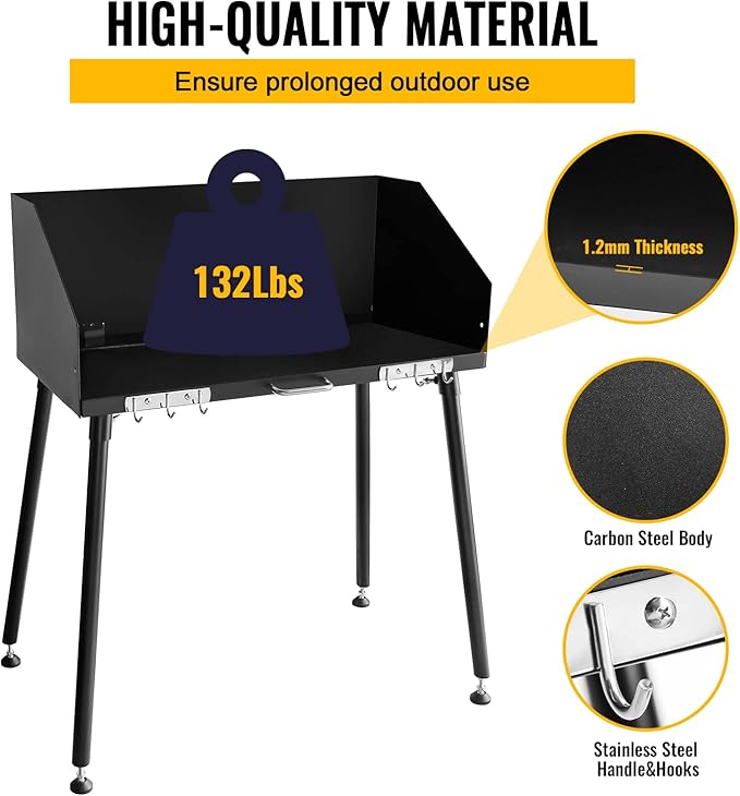 Carbon Steel Camp Cooking Table,30x16 Inch Dutch Oven Table,with Three-Sided Windscreen and Four Legs for Grill Travel Table Outdoor Picnic,Beach,BBQ,Backyards