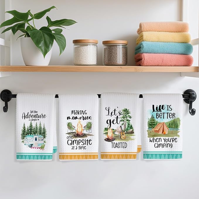 4Pcs Camping Kitchen Towels White Absorbent Dishcloth Bonfire Tent Car Tea Towels 24 x 14 Inches with Funny Sayings Novelty Gifts for Campers Happy Camper Camping Accessories for Rv Campers