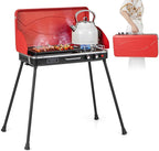 HAPPYGRILL Portable Camping Stove, 2-Burner Propane Grill Cooker with Removable Leg Stand, Roast Grill, Dual Control Knobs, Wind Guards, Outdoor Gas Grill for Camping BBQ Picnic, Red