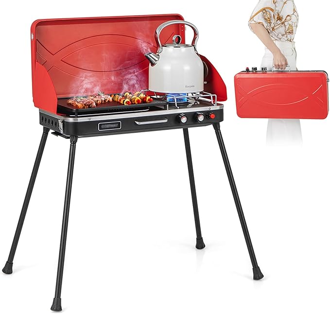HAPPYGRILL Portable Camping Stove, 2-Burner Propane Grill Cooker with Removable Leg Stand, Roast Grill, Dual Control Knobs, Wind Guards, Outdoor Gas Grill for Camping BBQ Picnic, Red