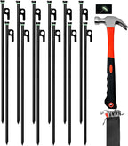 12Pcs Tent Stake with Hammer Set, 16in Tent Stakes Heavy Duty with 10.5in Tent Stakes Hammer, Storage Pouch, Forged Steel Tent Stakes for Camping Used on Rocks, Grassland(12Pcs 16in Stakes+Hammer)