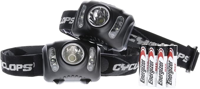 CYCLOPS 210 Lumen Headlamp, Tactical Durable Lightweight Compact Adjustable Stretch Headband Bright 3 Color LED Headlight, AAA Batteries Included, Pack of 2