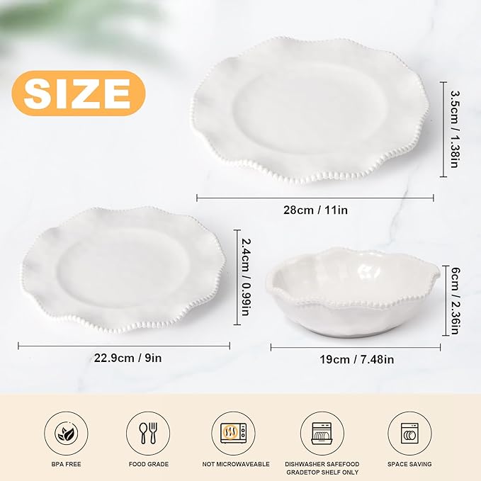 Melamine Dinnerware Sets Service for 4, Cream Plates and Bowls Set with Beaded Edge, BPA Free Dishwasher Safe, Heavy Duty Shatterproof Unbreakable Tableware for Wedding Party Camping Outdoor