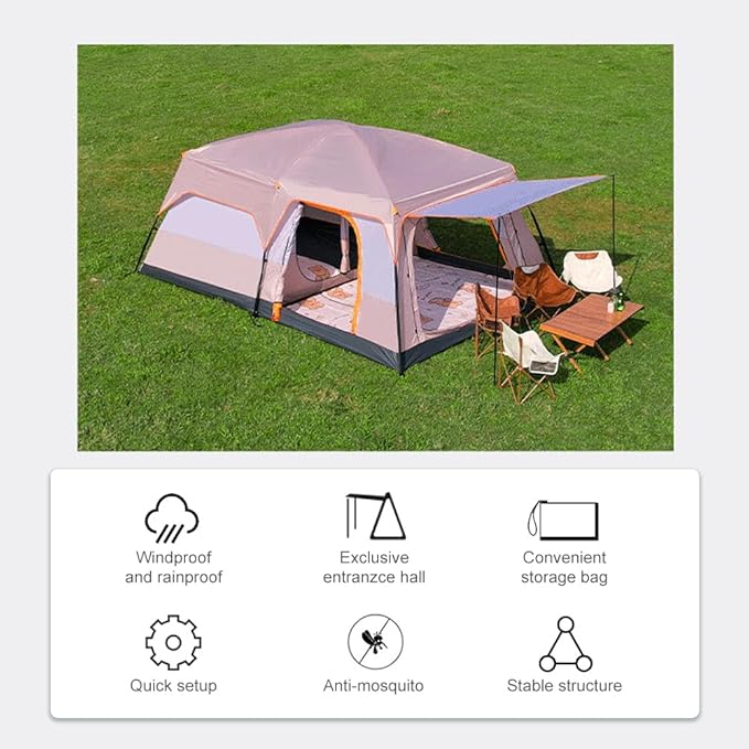 Luxury Tent Room for Camping 4-12 Person Waterproof Large Family Tent with 2 Bedroom and 1 Living Room Design