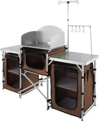 VEVOR Camping Kitchen Table, Folding Outdoor Cooking Table with Storage Carrying Bag, Aluminum Cook Station 3 Cupboard & Detachable Windscreen, Quick Set-up for Picnics, BBQ, RV Traveling, Brown
