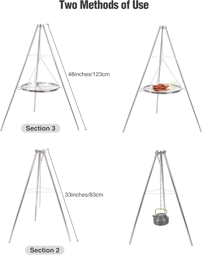 Lineslife Campfire Tripod Grill for Cooking, Durable Stainless Steel Camping Fire Tripod Grill with Round Grate and Carrying Bag for Outdoor BBQ, Silver