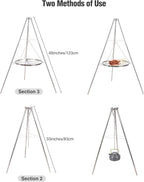 Lineslife Campfire Tripod Grill for Cooking, Durable Stainless Steel Camping Fire Tripod Grill with Round Grate and Carrying Bag for Outdoor BBQ, Silver