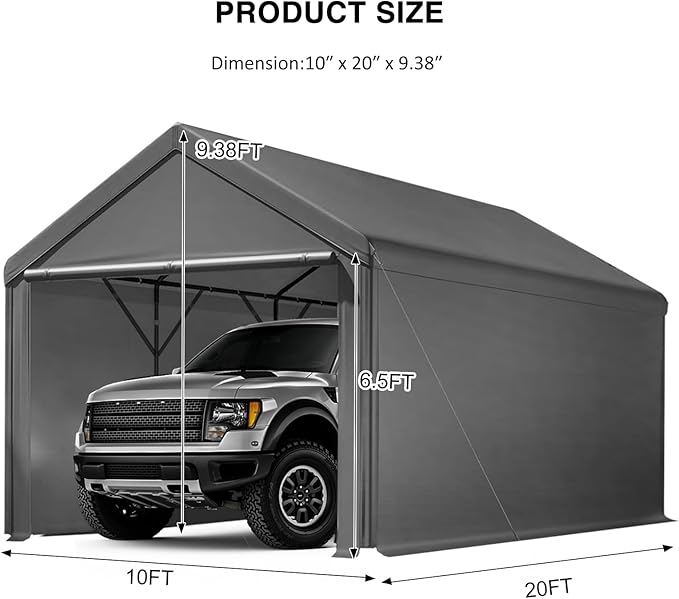 Carport 10x20ft Heavy Duty Canopy,Portable Garage Party Tent,Portable Garage with Removable Sidewalls & Doors All-Season Tarp for Car,Truck,Party Grey