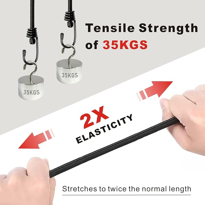 Bungee Cords with Hooks, Heavy Duty Outdoor Elastic Bungee Straps，No Odour Industrial Grade Bungee Rope for Securing Tarps, Luggage,Tents, Bikes or Garden Tidying 24in6pcs + 48in2pcs (Black)