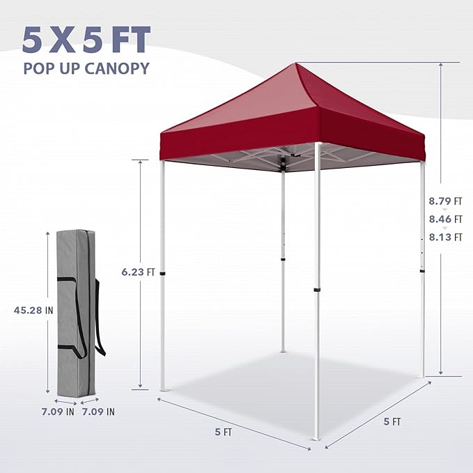 5x5 Pop Up Canopy Tent, Instant Portable Beach Canopy, Outdoor Tent with Carry Bag for Camping, Sports, Tailgating, Events, Burgundy