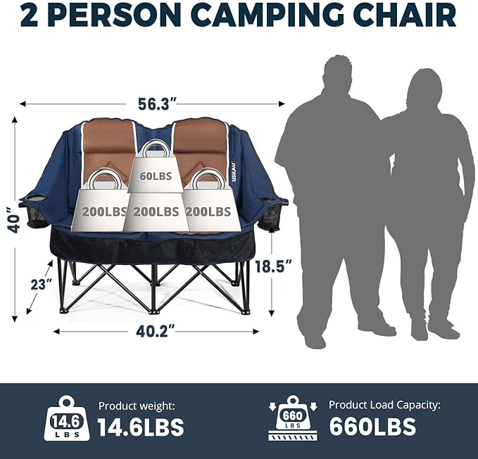 Oversized USLCamping Chair - 2 Person Portable Folding Outdoor Loveseat Heavy Duty Lawn Chairs for Adults with Padded Cushion & Dual Cup Holders, Supports 660LBS for Camping，Sports，Picnic
