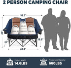 Oversized USLCamping Chair - 2 Person Portable Folding Outdoor Loveseat Heavy Duty Lawn Chairs for Adults with Padded Cushion & Dual Cup Holders, Supports 660LBS for Camping，Sports，Picnic