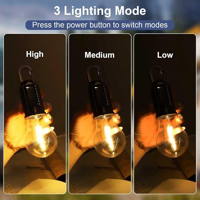 Solar Light Bulb for Outdoor, Portable Waterproof Tent Lights with Clip Hook, Rechargeable Outdoor Solar Light for Camping, Backpacking, Emergency, 4 Pack