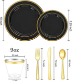 bUCLA 150 Pieces Black and Gold Disposable Dinnerware Set - 25 Guests Black Gold Plastic Plates Include 25 Dinner & 25 Dessert Plates, 25 Spoons, 25 Forks, 25 Knives, 25 Cups for Party & New Year