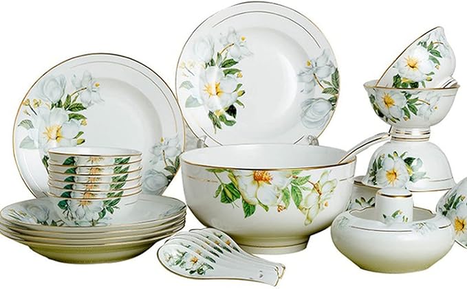 Bowl and Plate Sets White Ceramic Porcelain Decals Tableware Set Include Dinner Plate Dessert Plate Suitable for Family Hotel Restaurant