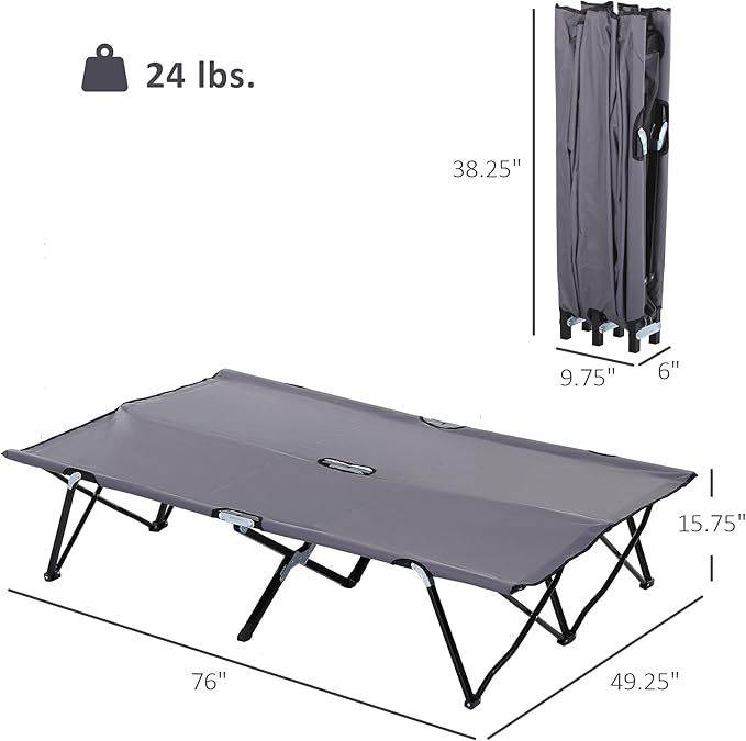 Outsunny 2 Person Folding Camping Cot for Adults, 50" Extra Wide Outdoor Portable Sleeping Cot with Carry Bag, Elevated Camping Bed, Beach Hiking, Grey