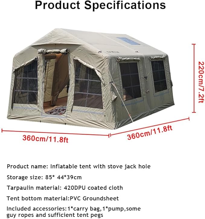 4 Season Air Tent Glamping Tent with Separate Living and Sleeping Area,Waterproof Pop-Up Outhouse Yurt with Pump and Stove Jack Hole, 8-10 Person Camping Quick Set Up