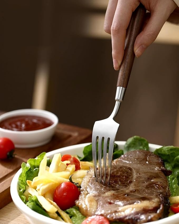 Dishwasher Saf,24 Piece Silverware Set for 6 with Wooden Handles, 18/8 Stainless Steel, Suitable for VIP Gatherings, Camping Adventures