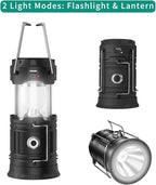 LED Camping Lantern, Solar and Rechargeable Lantern Flashlight Collapsible and Portable Light for Daily/Camp/Hiking/Night Fishing/Emergency/Hurricanes/Storm(Black, 1 Pack)
