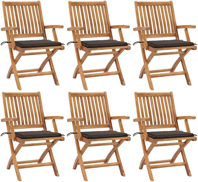 Folding Patio Chairs with Cushions 6 pcs,Outdoor Lounge Chair,Portable Camping Chair,Bistro Table and Chairs Outdoor,Features 2 Sets of Ropes,for Balcony/Garden/Backyard, Solid Teak Wood