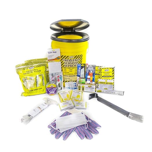 Mayday Industries Emergency Survival Kit Bucket - Deluxe - 2 Person - 2400 Calorie Food Bars, Solar Blankets, Water Pouches, Ponchos, First Aid Kit, Dynamo Flashlight/Radio