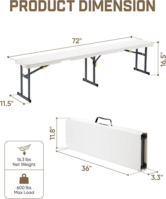FanttikOutdoor 6ft Plastic Folding Bench with Safety Lock Carrying Handle, Portable Indoor Outdoor Bench for Party, Dining, Camping, Garden, Soccer Activities, No Assembly, 2-Pack, White Zeta I6 Pro