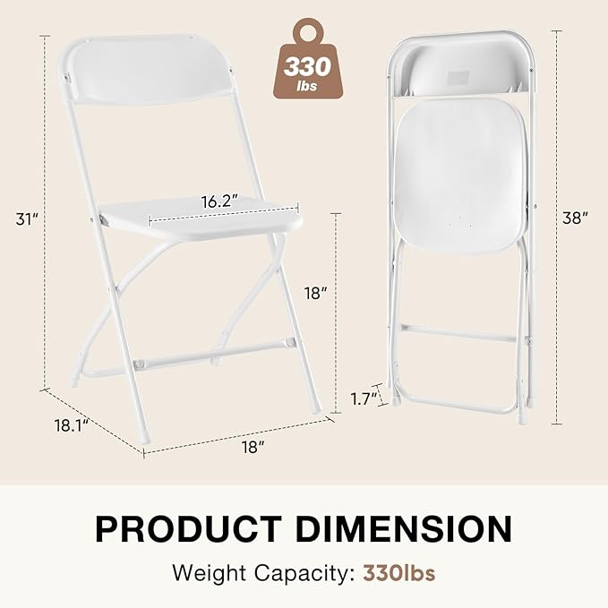 DUMOS Folding Chairs Sets of 8, 330lbs Capacity Plastic Stackable Home Office Chair, Portable Fold Up for Indoor Outdoor, Patio, Camping, Garden, Party (White)