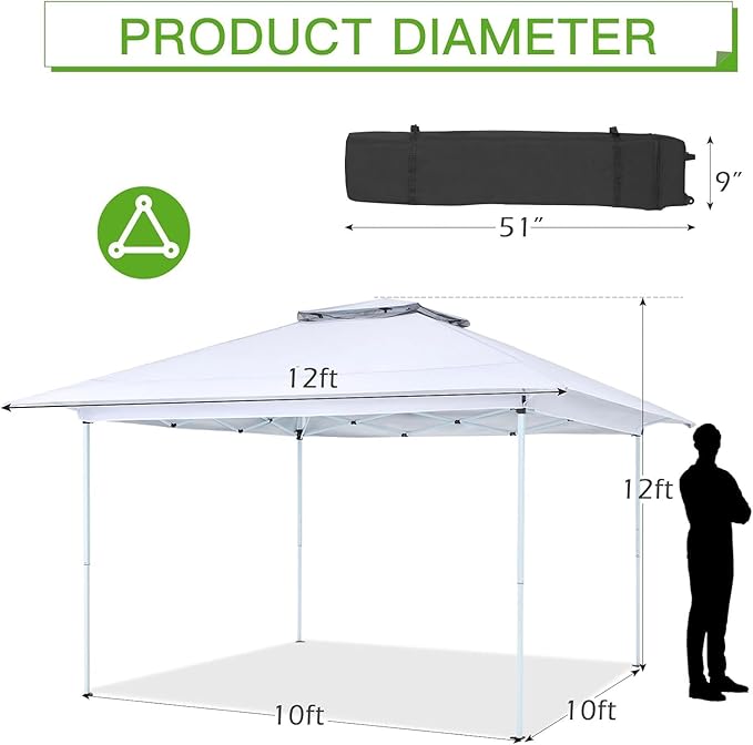 ECOTOUGE 12FT Pop Up Tent, Instant Shelter Canopy Tent with Carrying Roller Bag, Gazebos on Clearance, Pop Up Gazebo with Waterproof and UV Resistant for Garden, Grill and Backyard (White)