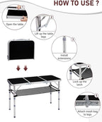 Outvita Folding Table, 3FT Aluminum Camping Table with Storage Adjustable Height Picnic Table Lightweight for Carring Outdoor Party Events Beach