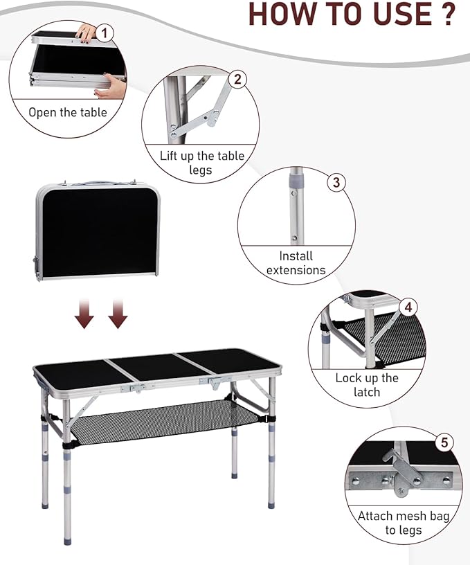 Outvita Folding Table, 3FT Aluminum Camping Table with Storage Adjustable Height Picnic Table Lightweight for Carring Outdoor Party Events Beach
