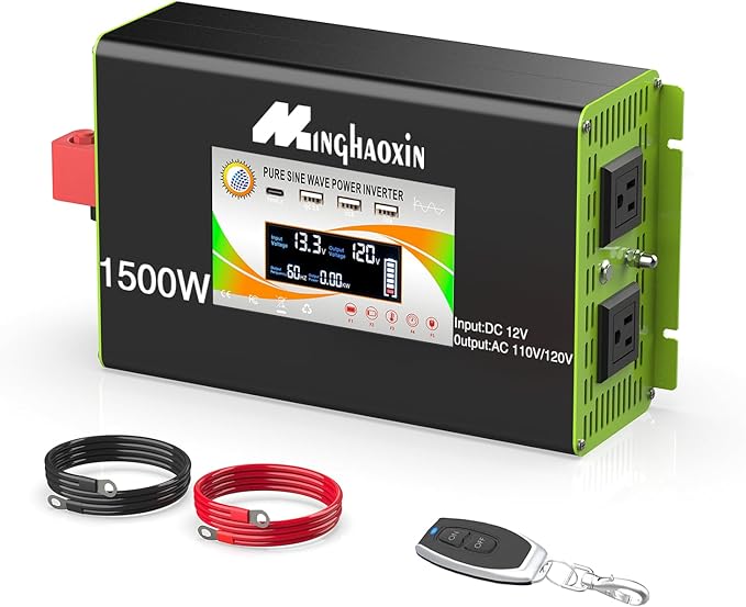 1500W Pure Sine Wave Power Inverter - Car Power Inverter 12v to 110v,Converter with 2 AC Outlets,3000W Peak,LCD Display,Remote Control,Power Inverters for Vehicles,Converter for RV,Truck,Solar,Outdoor