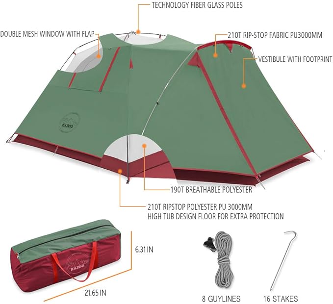 KAZOO 2／4 Person Camping Tent Outdoor Waterproof Family Large Tents 2/4 People Easy Setup Tent with Porch Double Layer | Outdoor, Waterproof, Family, Large, Tents, Easy Setup