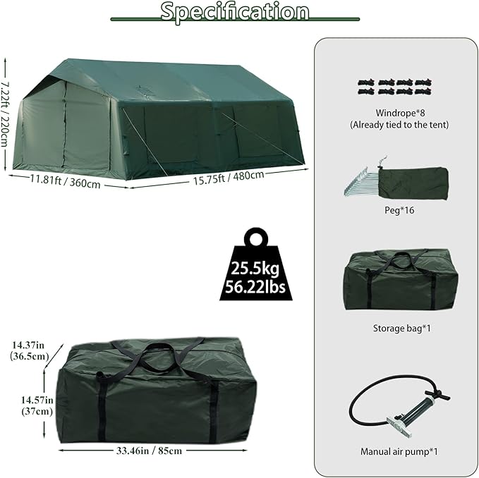 Oxford Inflatable Tent for Camping with Hand Pump, 4 Season Glamping Tents with Stove Jack for 8-12 Person, Waterproof Outdoor Party Camping Festival