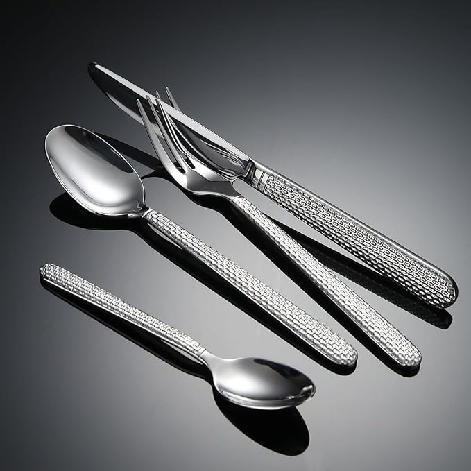Silverware Flatware Cutlery Set， 4/16/24/32/40/48 Pieces Thick Linen Pattern Stainless Steel Cutlery， Hotel Restaurant， Home Steak Knife， Dessert Spoon，Silver-48 Pieces for 12