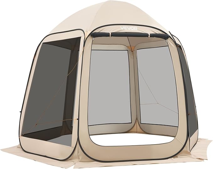 VEVOR 10 x 9.2 ft Pop-Up Screen House Tent, 4–8 Person Portable Screen Gazebo w/Carry Bag, Netting Sides & Ground Stakes, Quick Setup, Screened in Canopy for Garden, Patio & Backyard, Outdoor, Beige