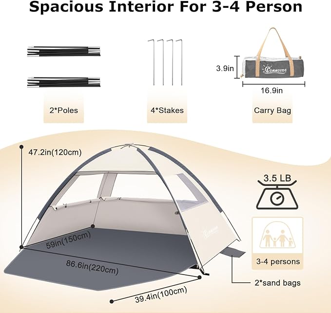 COMMOUDS Beach Tent Sun Shade for 3/4/6/8 Person, UPF 50+ Beach Sun Shelter Canopy Tent, Lightweight, Easy Set Up and Carry