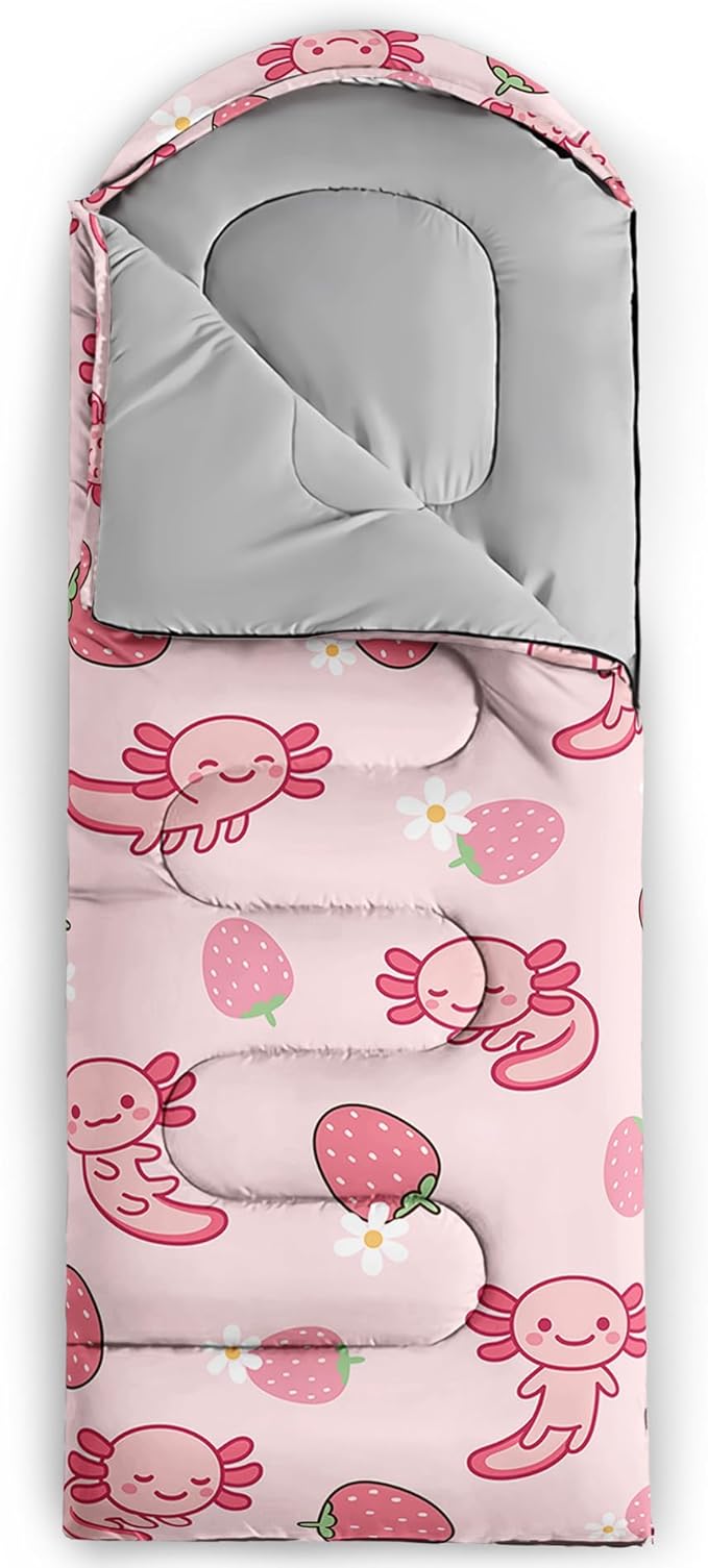 QOOMO Axolotl Cute Camping Sleeping Bags,3 Season Warm & Cool Weather,Lightweight,Waterproof Sleeping Bags for Adults & Kids,Traveling,and Outdoors