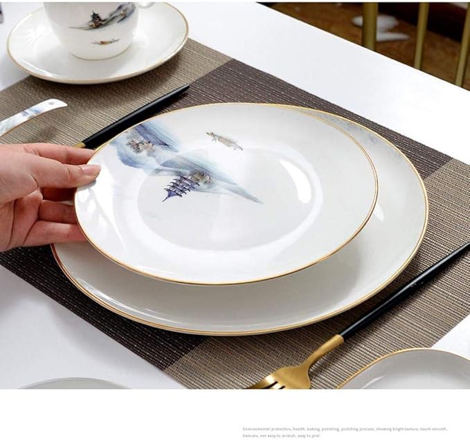 Pottery Tableware,8 Pieces Landscape Painting Porcelain Dinnerware Set Ceramic Plate Combination Sets Dinner Plate Dessert Plate Bowl and Mug