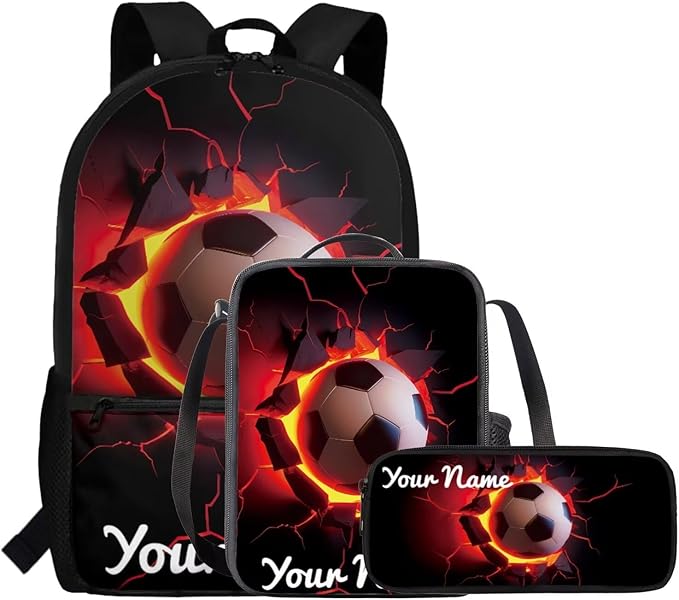 Rnyleeg Personalized Soccer Backpack for Boys Cool Kids Bookbag with Lunchbox Custom Your Name School Bag Set 3 Pcs for Primary School Casual Hiking Packsack