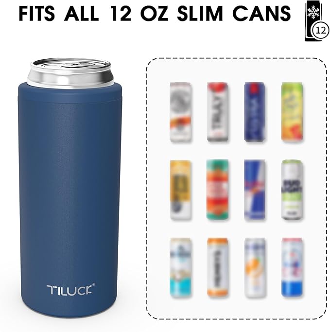 TILUCK Skinny Can Cooler for Slim Beer & Hard Seltzer, Stainless Steel, Doucle-Walled Stainless Steel Insulated Slim Cans, Standard 12 oz (Frosted Navy)