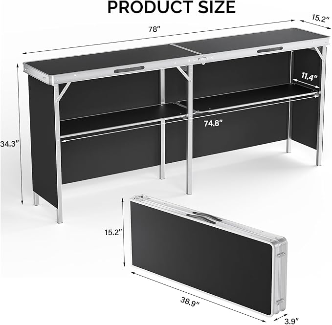 VINGLI 78" Portable Bar Table, 2-Tier Shelves, Mobile Bar Table for Events, Party, Camping, Picnic, Tradeshow, Indoor with Black Skirt (1, 78")