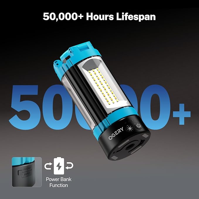 OGERY Rechargeable 10000mAh Camping Light with Stand 6.5 ft Max Height, Cordless Work Light with 3 LED Lamp Heads, 2200 Lumens Camping Essentials Gear Emergency Flashlight with Detachable Tripod