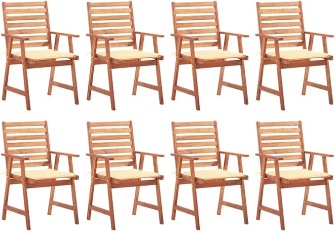 Patio Dining Chairs 8 pcs,Lawn Chair,Camping Chair,Garden Chair,Featuring Slatted Design,Waterproof Cushion,Each Cushion Features 2 Sets of Ropes, with Cushions Solid Acacia Wood