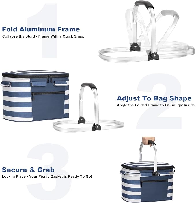 ALLCAMP Picnic Basket - Insulated Cooler, Thickening Foldable Picnic Basket with Removable Baskets & Sewn-in Frame, Basket for House Warming Gifts New Home(Blue White)