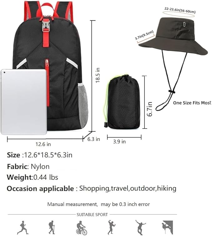 25L Foldable Backpack & Bucket Hat 2 IN1 Combo, Lightweight packable Travel Set, Compact Daypack Sun Fisherman Hat (Black)