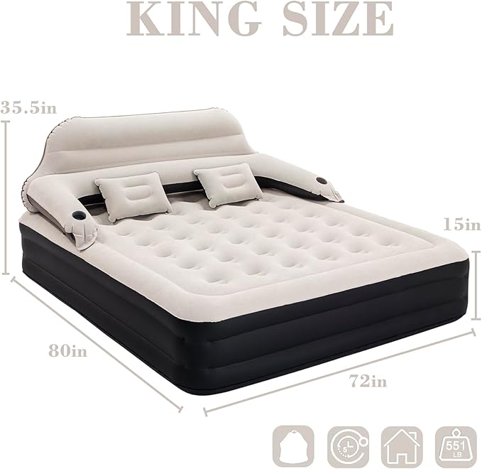RAPTAVIS King Size Air Mattress Inflatable Bed with Pump and Headboard, Blow Up Mattress