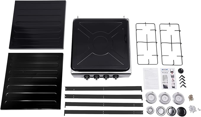 4 Burner Gas Stove, Portable Outdoor Stove with Double storage shelves and Independent Knobs, Heavy Duty Propane Gas Cooker with Wind Blocking Cover for Outdoor Camping BBQ(Black)
