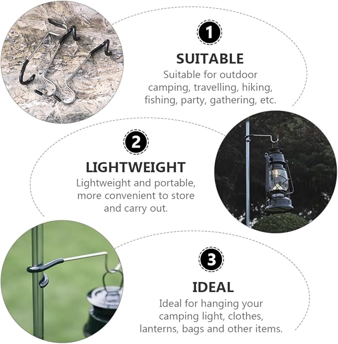 Wakauto Camping Lantern Hooks 2pcs Stainless Steel Light Pole Hooks Black Tent Lamp Hangers Outdoor Camping Accessories for Hiking and Backpacking